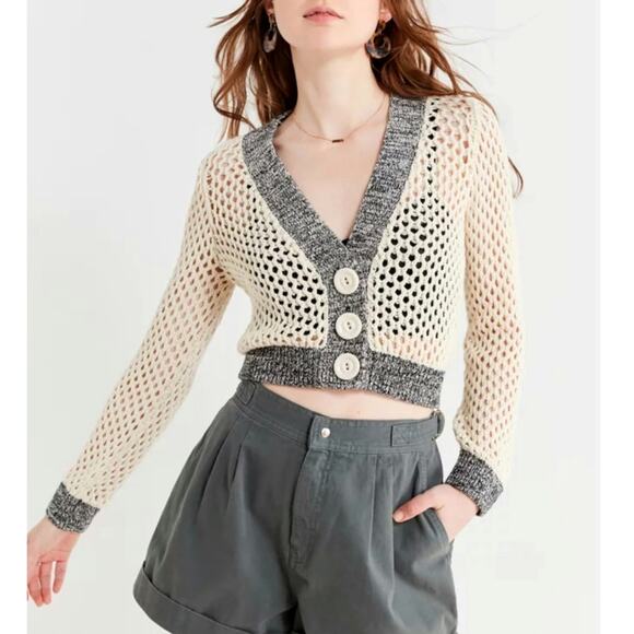 Urban Outfitters Zola Open Stitch Crop Sweater Size L Cream Boho Beachy Coastal - Picture 1 of 11
